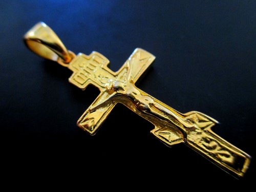 LARGE GILDED STERLING SILVER ORTHODOX CROSS, PENDANT FROM JERUSALEM, BLESSED #19 - Picture 2 of 5