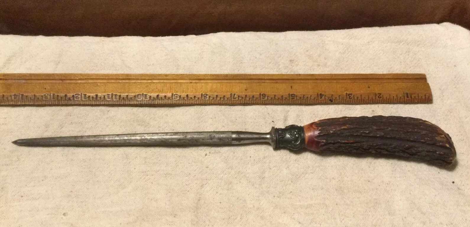 Antique 14” Stag Antler Handle W/Sterling Honing Rod Knife Sharpener