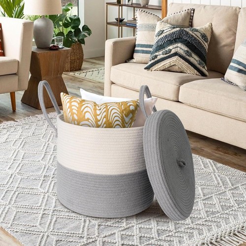 Storage Basket with Lid, Blanket Living Room, Large Woven Large, Grey - Picture 3 of 7