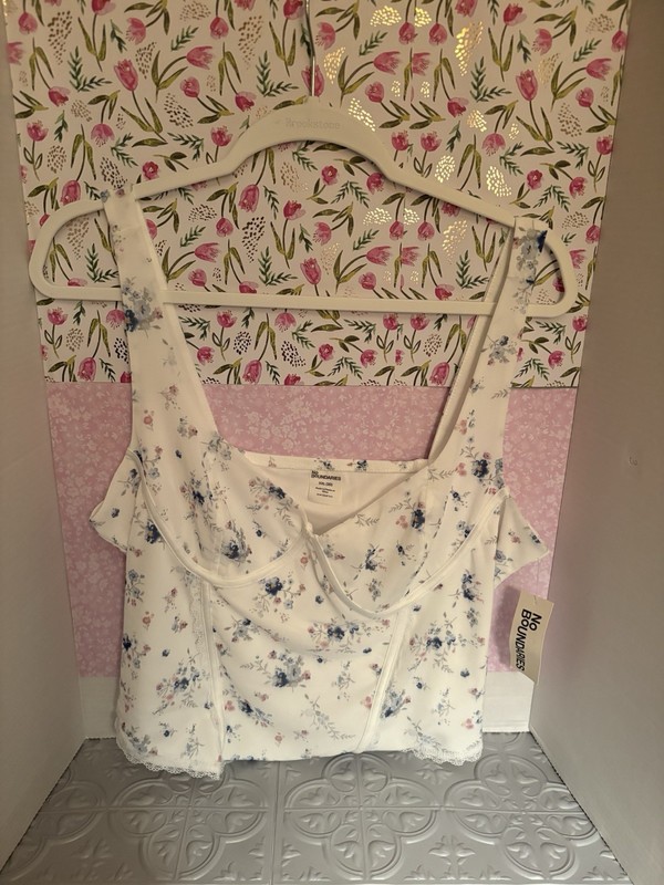 No Boundries Women bustier top white with pink and blue flowers size XXL 20 poly