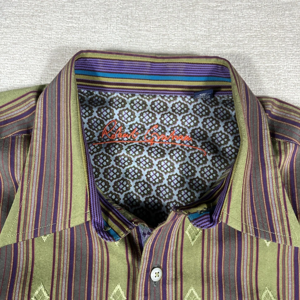 Robert Graham Men’s Dress Shirt Green Brown Hippie Cotton / Silk Size XLT - Image 4 of 4