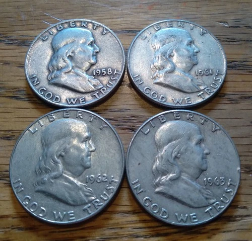 Lot of 4 Franklin Half Dollars --  1958, 1961, 1962 and 1963 -- 90% Silver