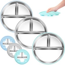 Stainless Steel Toddler Plates Silicone Suction,3 Packs Non-Slip Baby Plates,...