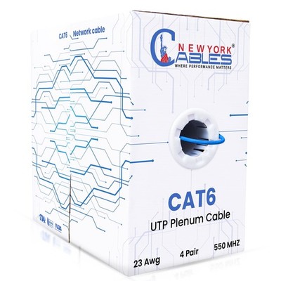Cat6 Plenum 1000ft Bulk Ethernet Cable CMP 23AWG Solid CCA UTP 550MHz Blue