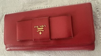 Prada Saffiano Leather Bow Wallet Pink Continental Zip Snap Logo