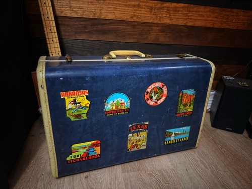 Vintage Blue Marble Samsonite Suitcase with Vintage Travel Stickers