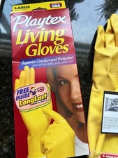 Vintage Playtex Living Yellow Rubber Gloves LARGE & Bonus Chore Boy Sponge NEW