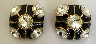 VTG Runway '80s Deco Unsigned Black Enamel Crystal Clip Earrings 1 1/4''