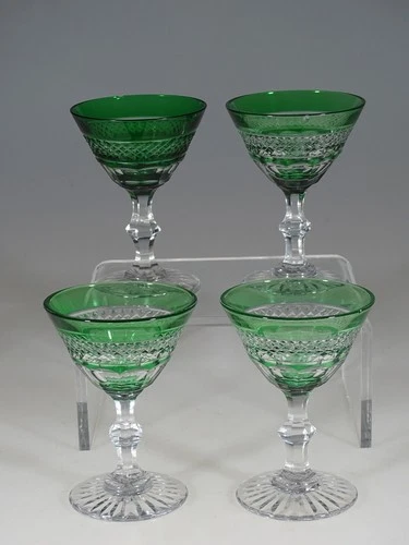 Set 4 Exquisite Vintage Czech Glass Green Cut to Clear Sherry Glasses c.1960