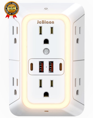 Wall Outlet Extender with Night Light, Power Plug Adapter 6 Outlet Extender with
