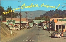 Postcard Cambria Ca Main St Burton Dr Shell Station Cambria Pines 1950s Cars *8