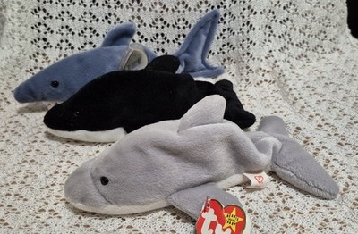 Ty Beanie Babies Lot of 3 Porpoise & 2 Sharks * SPLASH * FLASH * CRUNCH * 