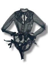 Vintage Shirley Of Hollywood Black Nylon 2 Pc Lingerie Sz Medium