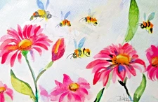 Pink Flowers and Bees by Delilah impressionism 6x9 garden watercolor COA
