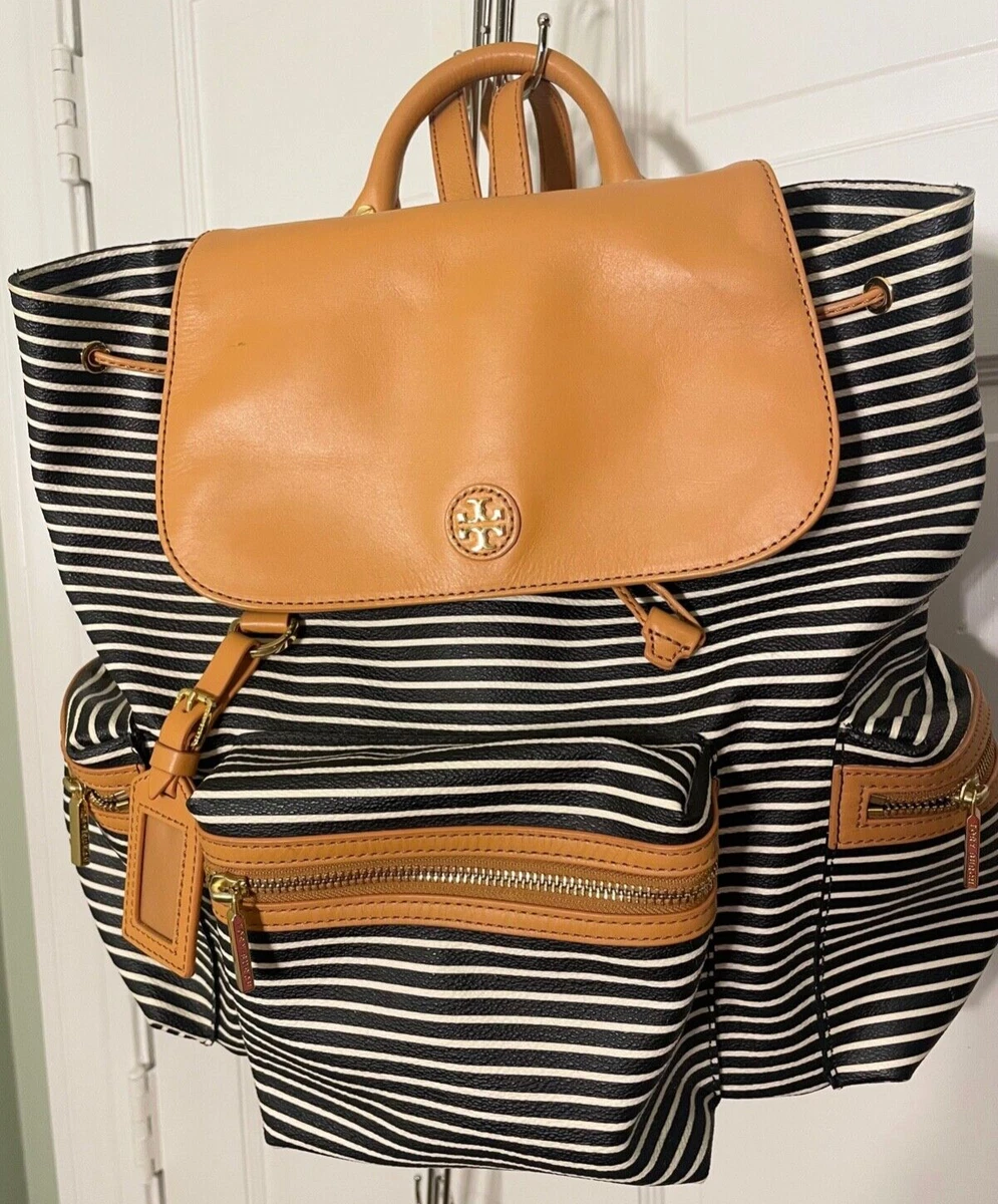 Tory Burch Black and White Striped Kerrington Backpack EUC