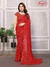 Party Wear Saree Red Printed Indian Pakistani Designer Sari