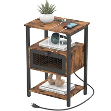 End Table Bedside Table with Charging Station, Nightstand w/Flip Storage Drawer
