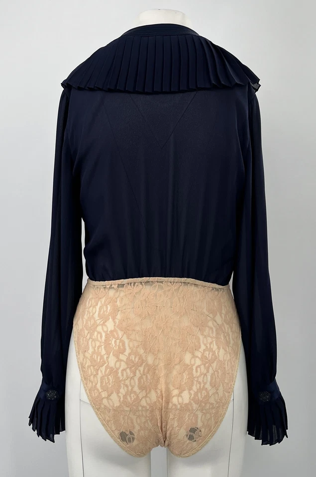 Body Bill Blass Noche Azul Marino Plisado Escote Encaje-Fondo Manga Larga Talla 4 Foto 3 de 4