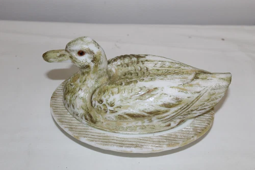 RARE Westmoreland Glass Duck Dish  on Nest Gold Rubbed Mallard Vintage w/Lid