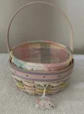 Longaberger 2001 Small Whitewashed Easter Basket Prot- Liner & Bunny Tie-on