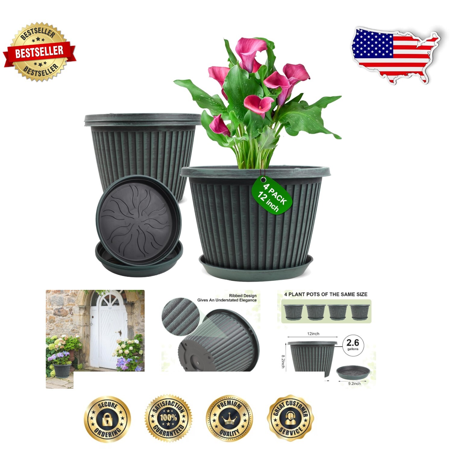 Elegant 12 Inch Plant Pots - 4 Pack Indoor Outdoor Resin Planters with Saucers