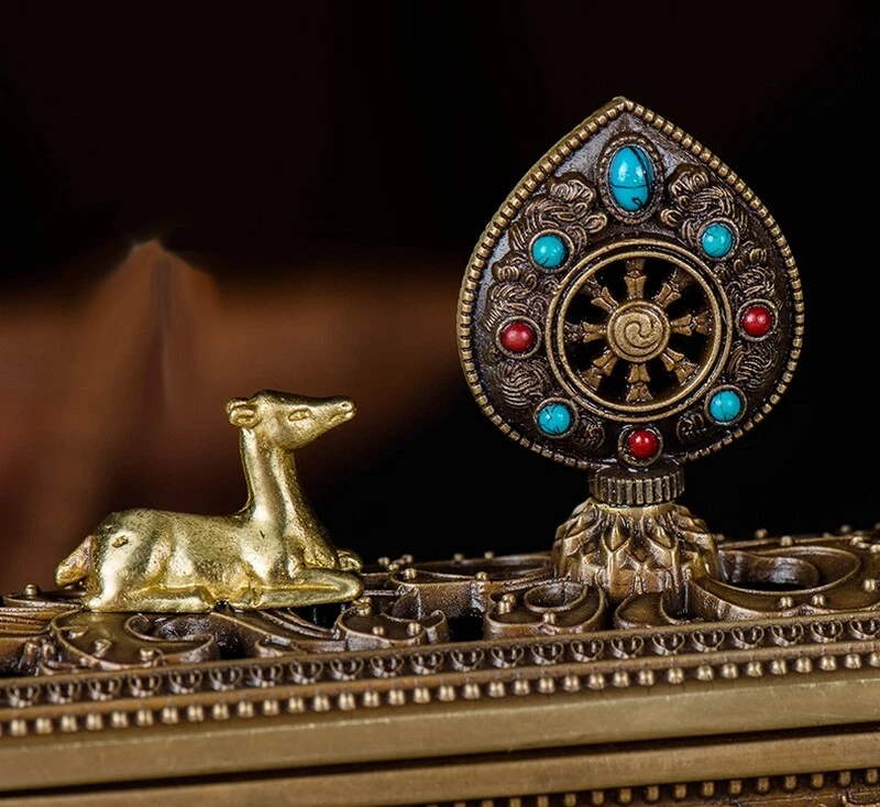 Tibetan Buddhism Brass Incense Burner Stick Holder Box Luck Zen Decor - Image 3 of 4