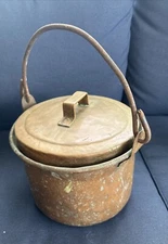 Antique Solid Hammered Copper Round Cauldron Pot w Brass Handle