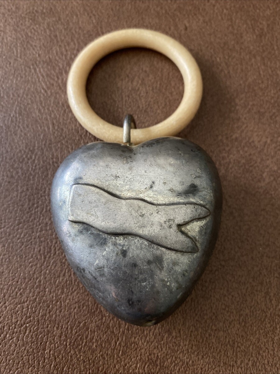 Early to Mid-century Metal Heart-shaped Rattle w/ Teething Ring