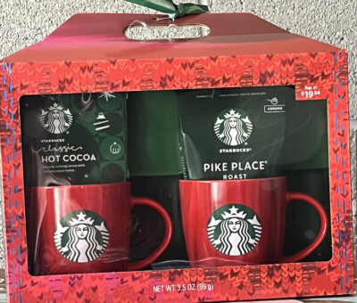 Starbucks Holiday Gift Set 2 Mugs + Pikes Place Coffee & Hot Cocoa 2 Pack