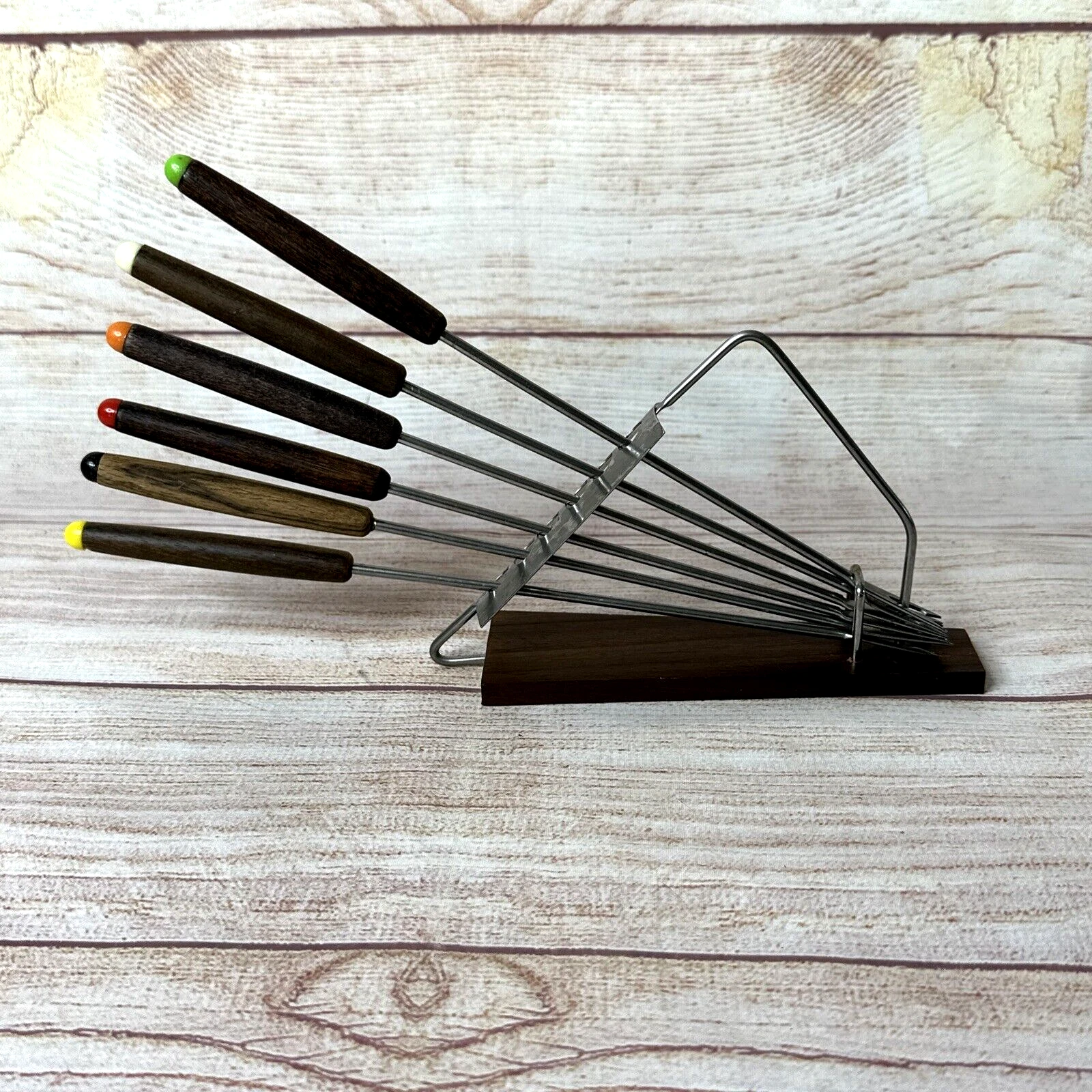 Vintage MCM Wood Handle Stainless Steel Fondue Fork Set of 6 Stand Holder Japan