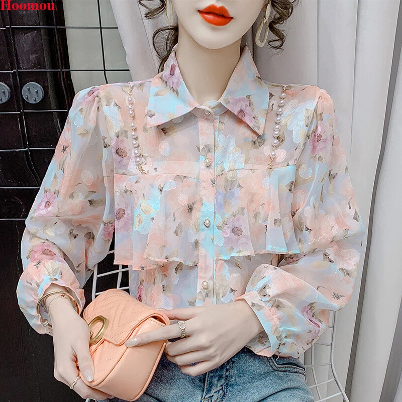 Korean Fashion Women Floral Chiffon Beaded Ruffle Loose Soft Blouse Tops  Shirts