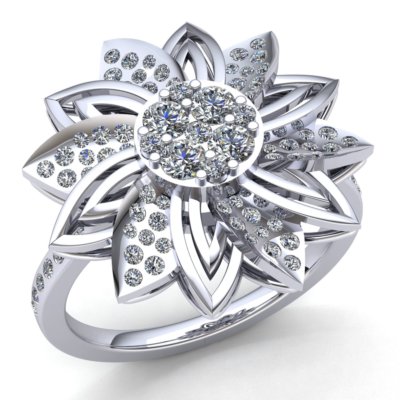 Round Diamond Ladies Fancy Flower Engagement Ring 18K Gold