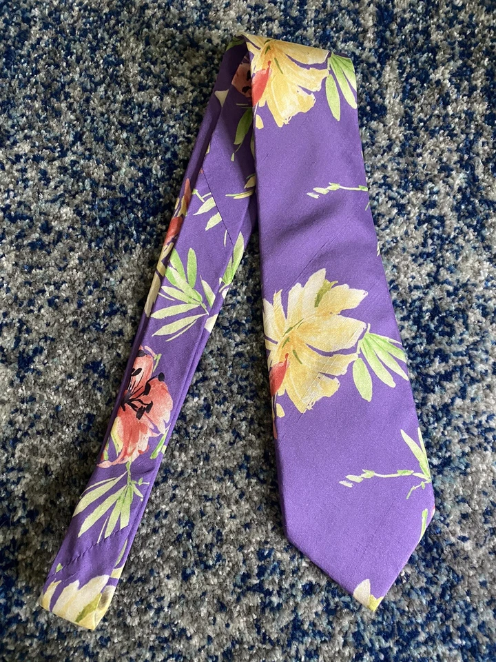 Corbata Ralph Lauren Etiqueta Púrpura Amarillo Verde Coral Negro Tropical Floral Foto 2 de 4