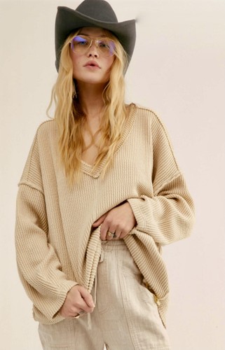 Pullover Sweatshirt Ribbed Oversize Tan 