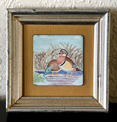 Hand Painted DUCKS Enamel Signed Robert POPE Framed MINIATURE 1977