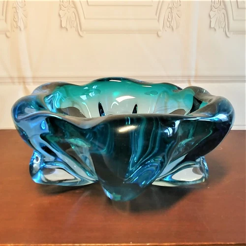 Vintage Murano MCM Ashtray Glass Teal Blue Green Art Dish Cigar Ashtray 60's