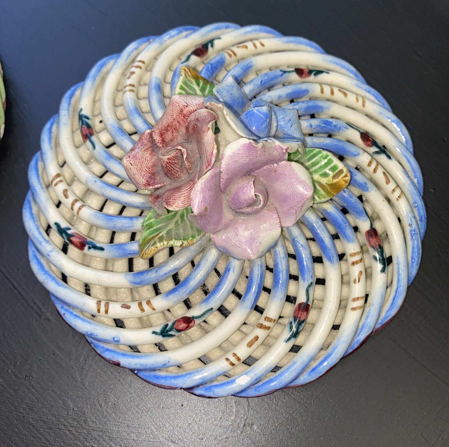 Vintage Goodfriend made in Spain Ceramic Rope Weave Floral Bowl With Lid,  Flower