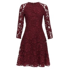 Oscar De La Renta Lace Sheer Sleeves Fit Flare Dress Women Burgundy Size 0