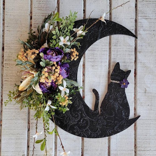 Moon Wreath for Front Door Black Cat Wall Decor Cat Halloween Hanging Decoration - Picture 5 of 15