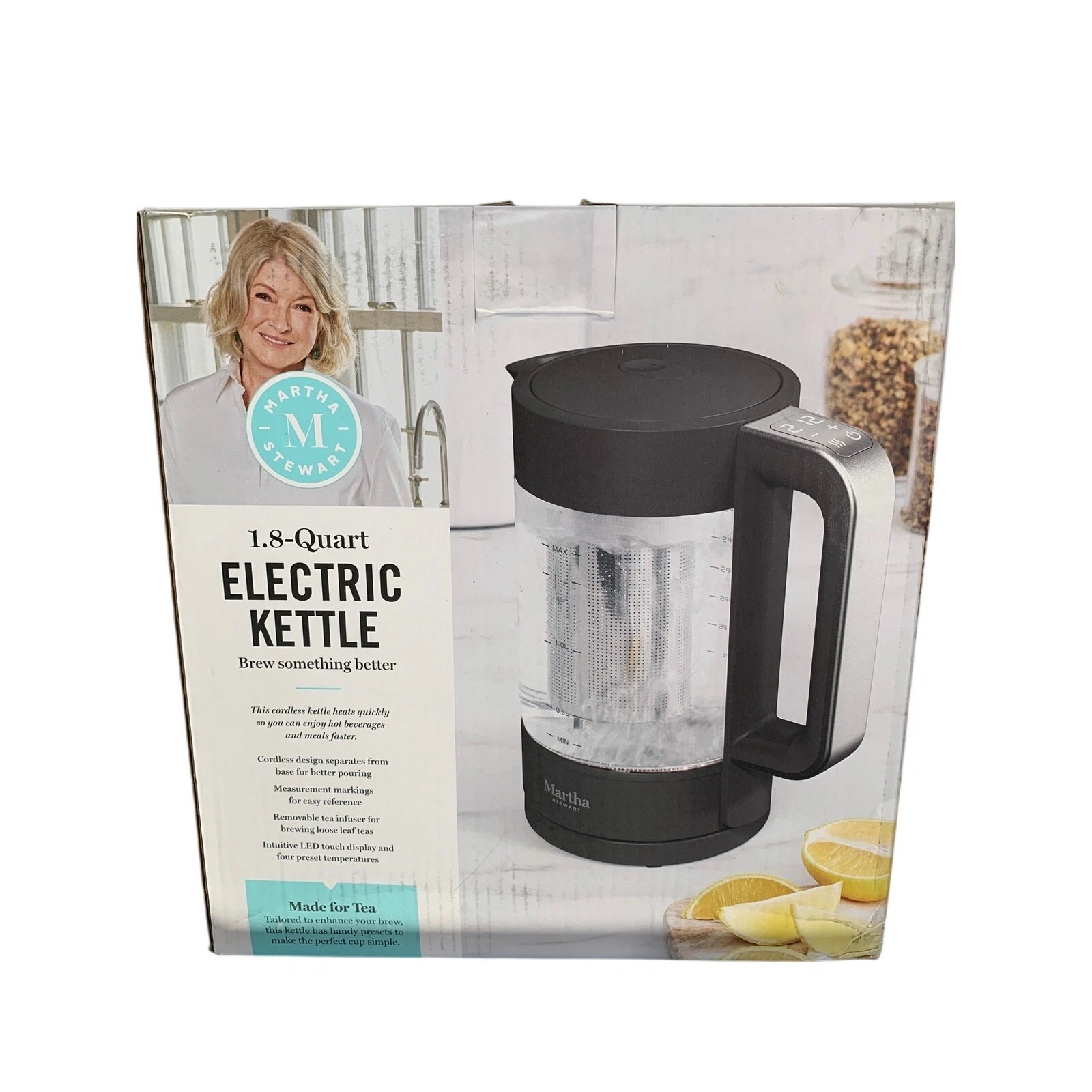 Martha Stewart Electric Kettle 1.8 Quart Glass Cordless Carafe Swivel Base