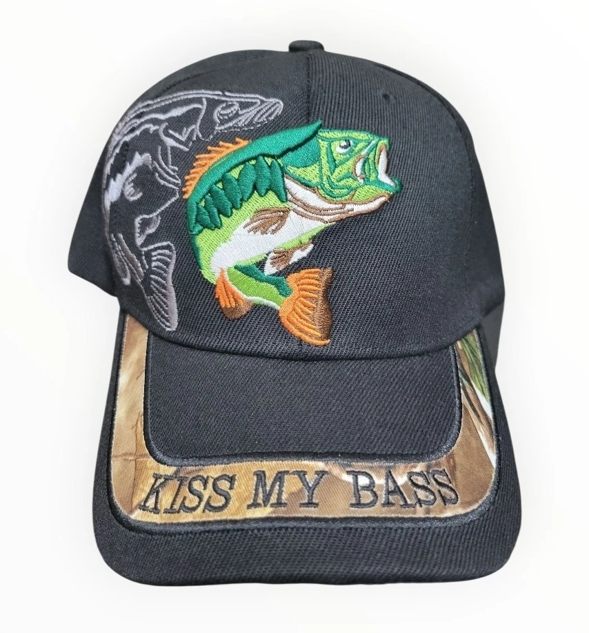 Kiss My Bass Hat Strapback Cap Mens Blue Fisherman Outdoor Fishing Boat Sea Fish