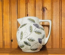 Laura Ashley hand painted pitcher/ Vase purple flowers sage green leaves & stems