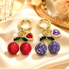 New Set of 2 Red Purple, Beautiful Rhinestone Cherry Keychains/ Purse Charms