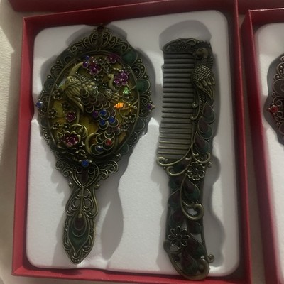 Pfau bemalt Spiegel & Kamm Box Set Retro Stil Geschenk