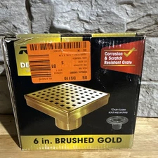 Reln Square Shower Drain with Square Pattern Cover Brushed Gold 6" x 6" •NEW•