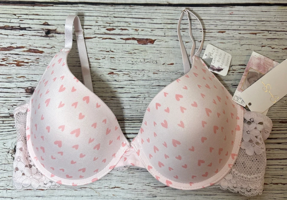 Jessica Simpson Bra Sz 36B Pink Hearts Lace Underwire Padded Push Up NEW - Image 2 of 4