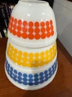 Vintage 1960s Pyrex Polka Dot nesting Mixing Bowl Set of 3 orange yellow blue