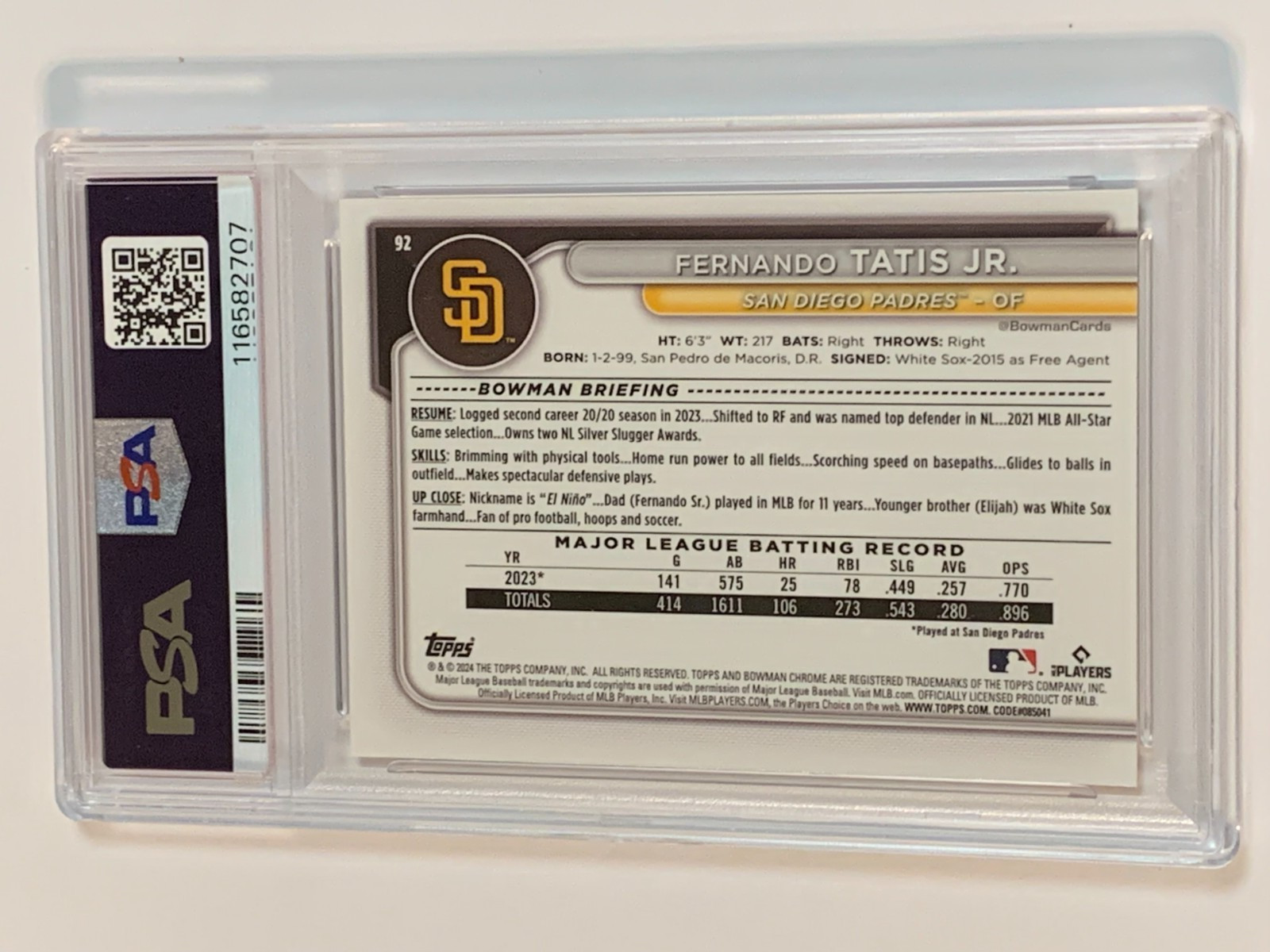 2024 Bowman Chrome Sapphire Gold Refractor #92 Fernando Tatis Jr. /50 - PSA 9 view 3