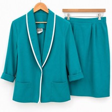Vintage Nikki Teal Skirt Suit Set Blazer Skirt Shawl Collar Women 20 Made in USA