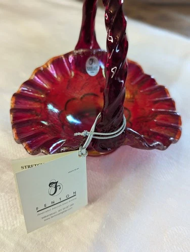 Fenton Ruby Red Iridescent Stretch Glass Basket w/ Embossed Grapes Design